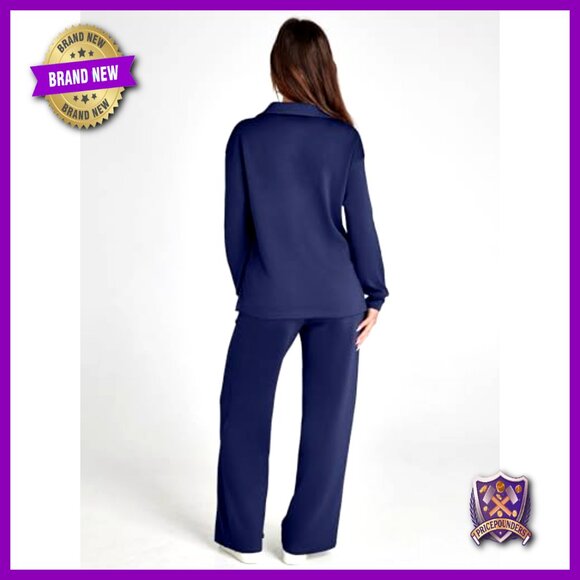 Long Sleeve Polo Top Wide Leg Pants Matching Set Casual Lounge Sweatsuit - Picture 4 of 7